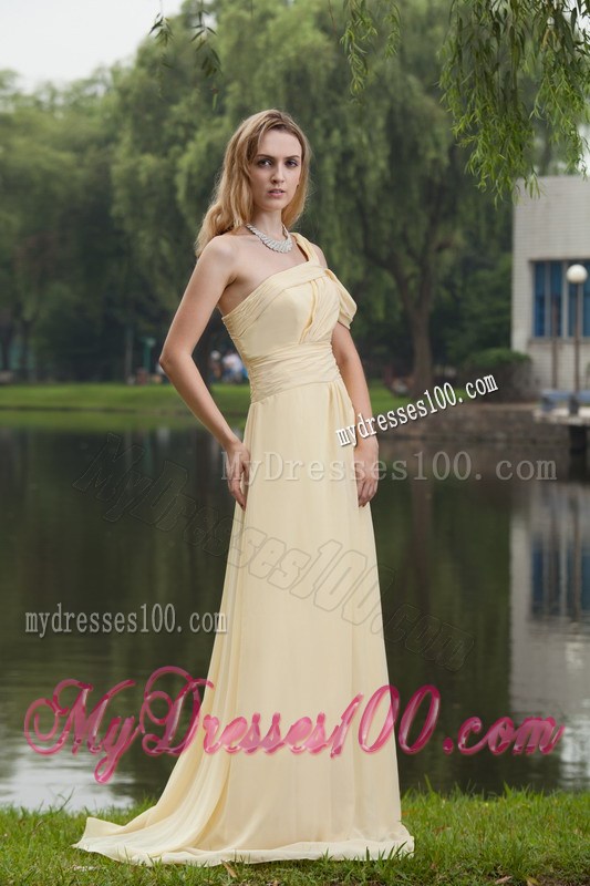 One Shoulder Light Yellow Empire Brush Train Ruche Prom Dress