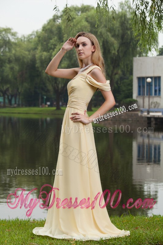 One Shoulder Light Yellow Empire Brush Train Ruche Prom Dress
