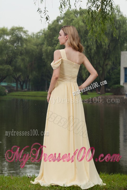 One Shoulder Light Yellow Empire Brush Train Ruche Prom Dress
