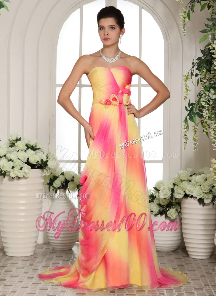 Multi-color Hand Made Flowers Sweetheart Prom Gowns With Brush Train