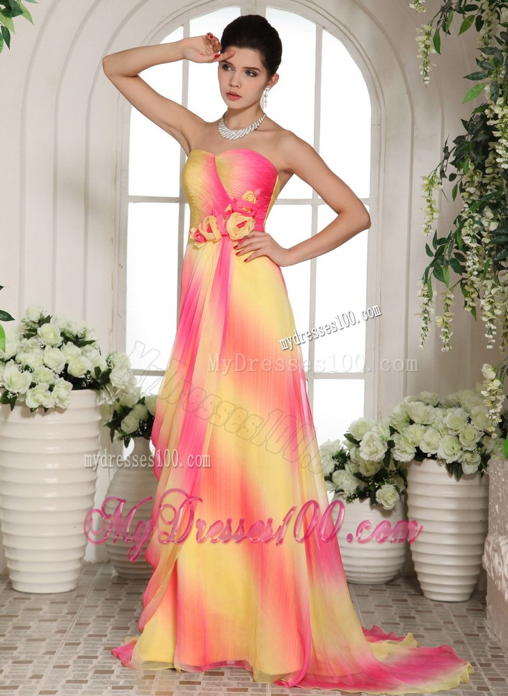 Multi-color Hand Made Flowers Sweetheart Prom Gowns With Brush Train