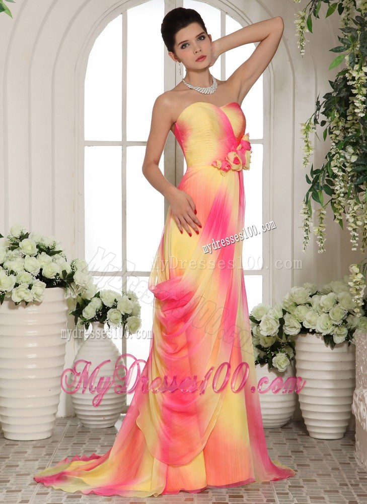 Multi-color Hand Made Flowers Sweetheart Prom Gowns With Brush Train