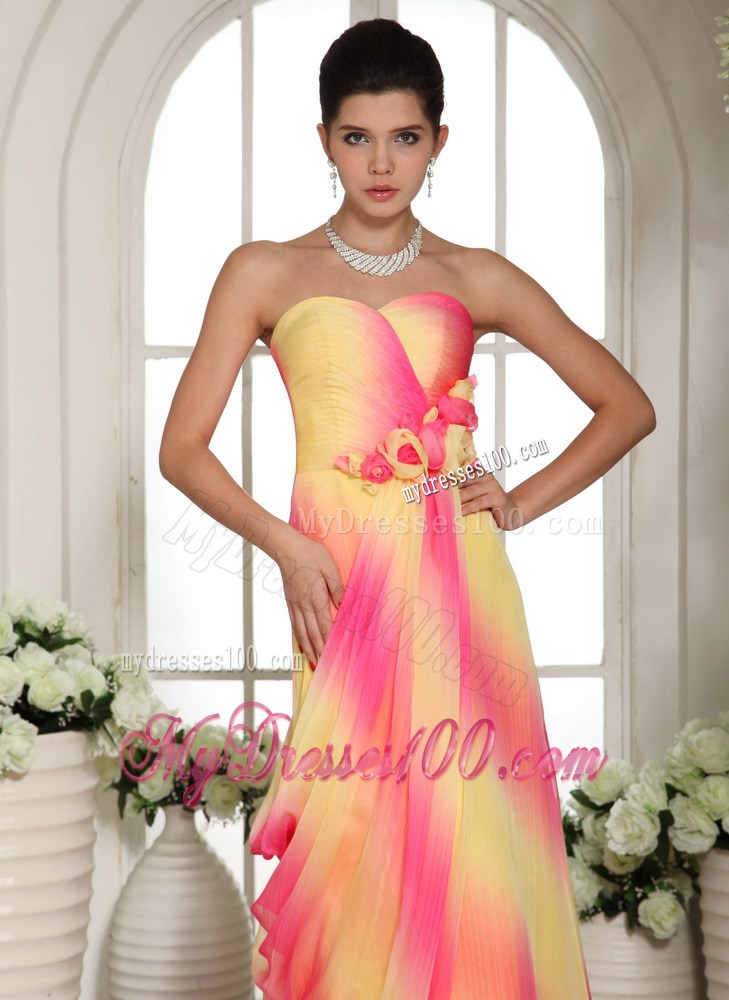 Multi-color Hand Made Flowers Sweetheart Prom Gowns With Brush Train
