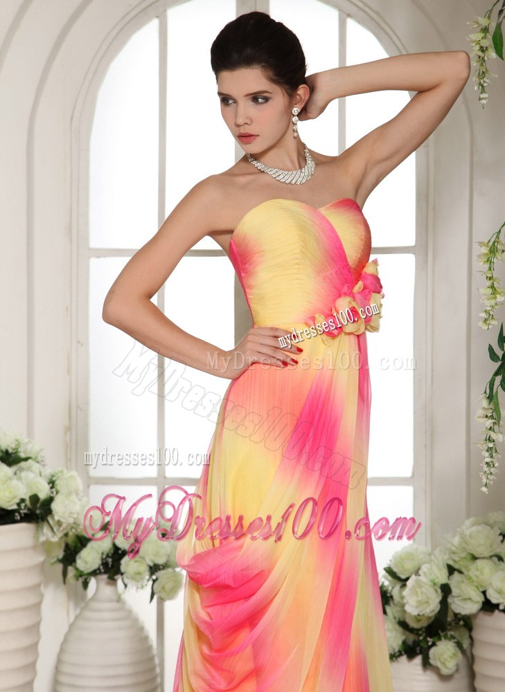 Multi-color Hand Made Flowers Sweetheart Prom Gowns With Brush Train
