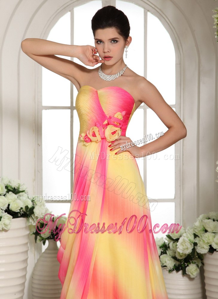 Multi-color Hand Made Flowers Sweetheart Prom Gowns With Brush Train