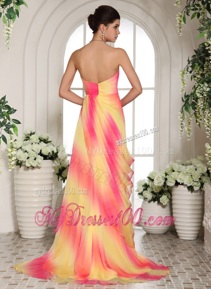 Multi-color Hand Made Flowers Sweetheart Prom Gowns With Brush Train