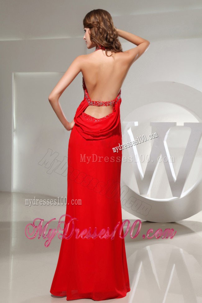 Column Beading Halter Backless Floor-length Prom Dress in Red