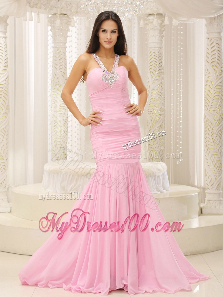 Mermaid V-neck Beaded Decorate Shoulder Ruched Bodice For Romantic Celebrity Dress
