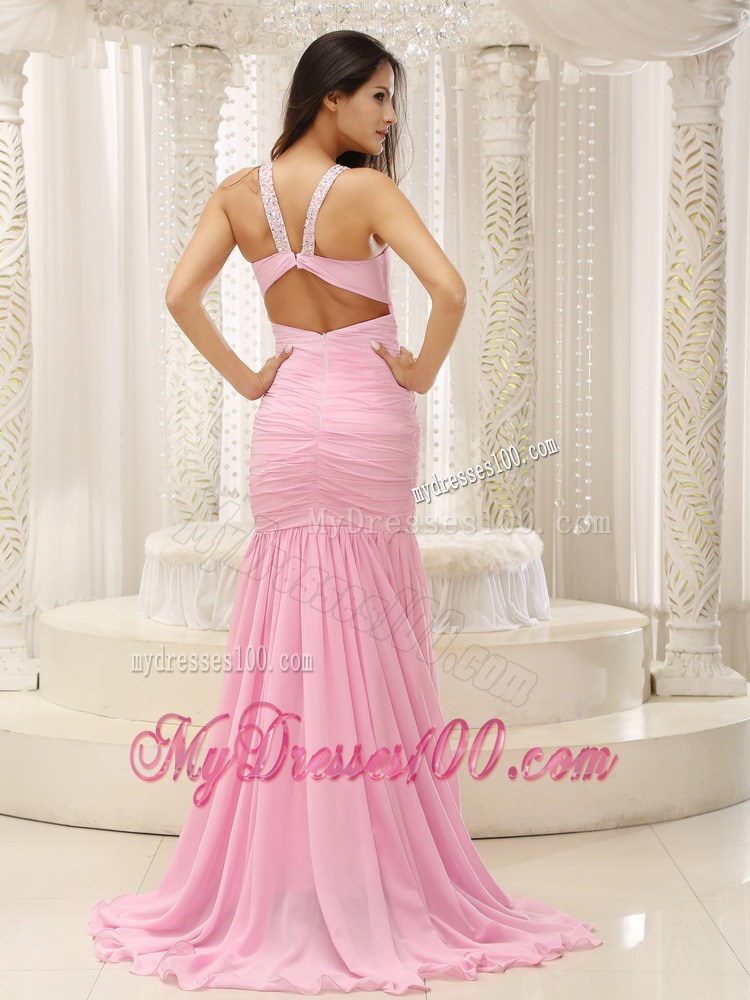 Mermaid V-neck Beaded Decorate Shoulder Ruched Bodice For Romantic Celebrity Dress
