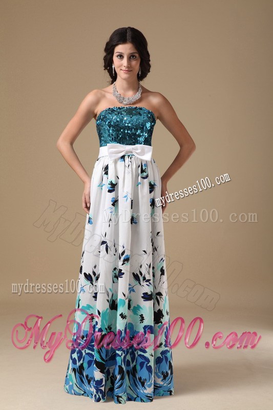 Multi-color Empire Strapless Long Printing Sequin Prom Dress