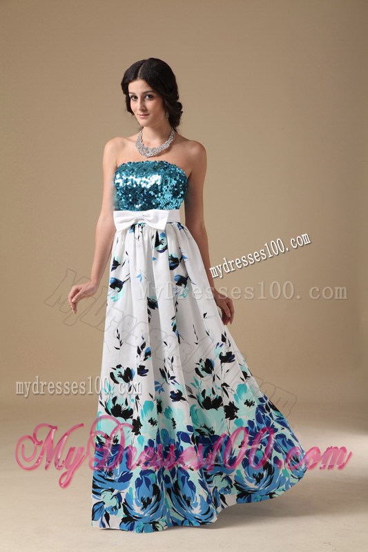 Multi-color Empire Strapless Long Printing Sequin Prom Dress