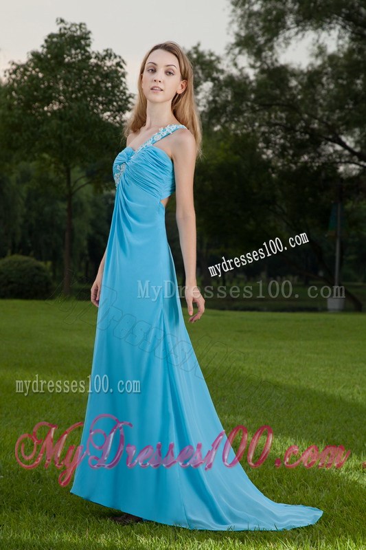 Amazing Baby Blue One Shoulder Appliques Prom Celebrity Dress
