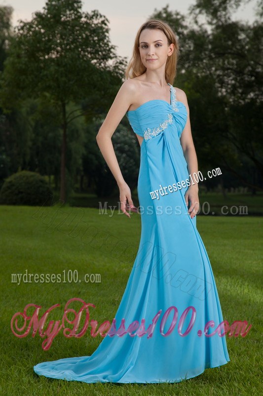 Amazing Baby Blue One Shoulder Appliques Prom Celebrity Dress