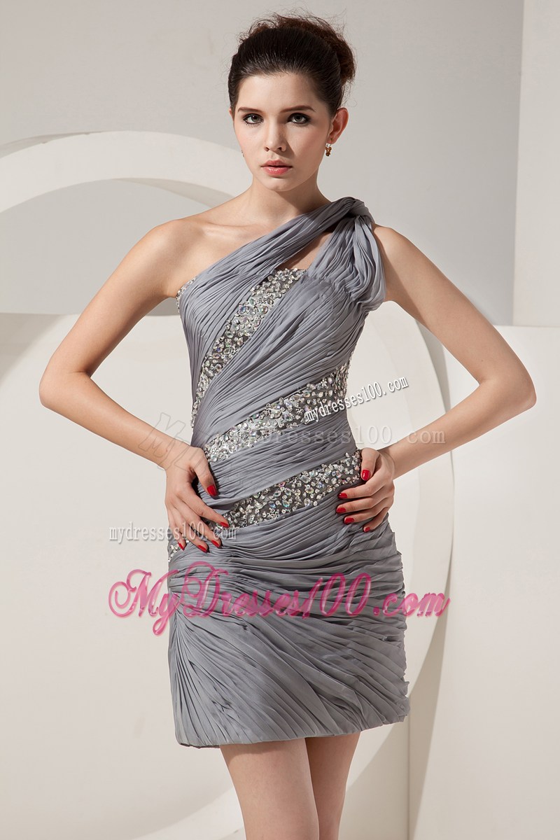Grey Column One Shoulder Mini-length Prom Dress with Beading