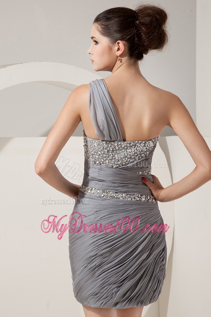 Grey Column One Shoulder Mini-length Prom Dress with Beading