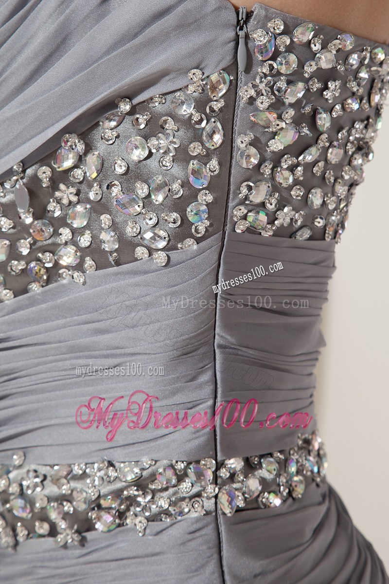 Grey Column One Shoulder Mini-length Prom Dress with Beading