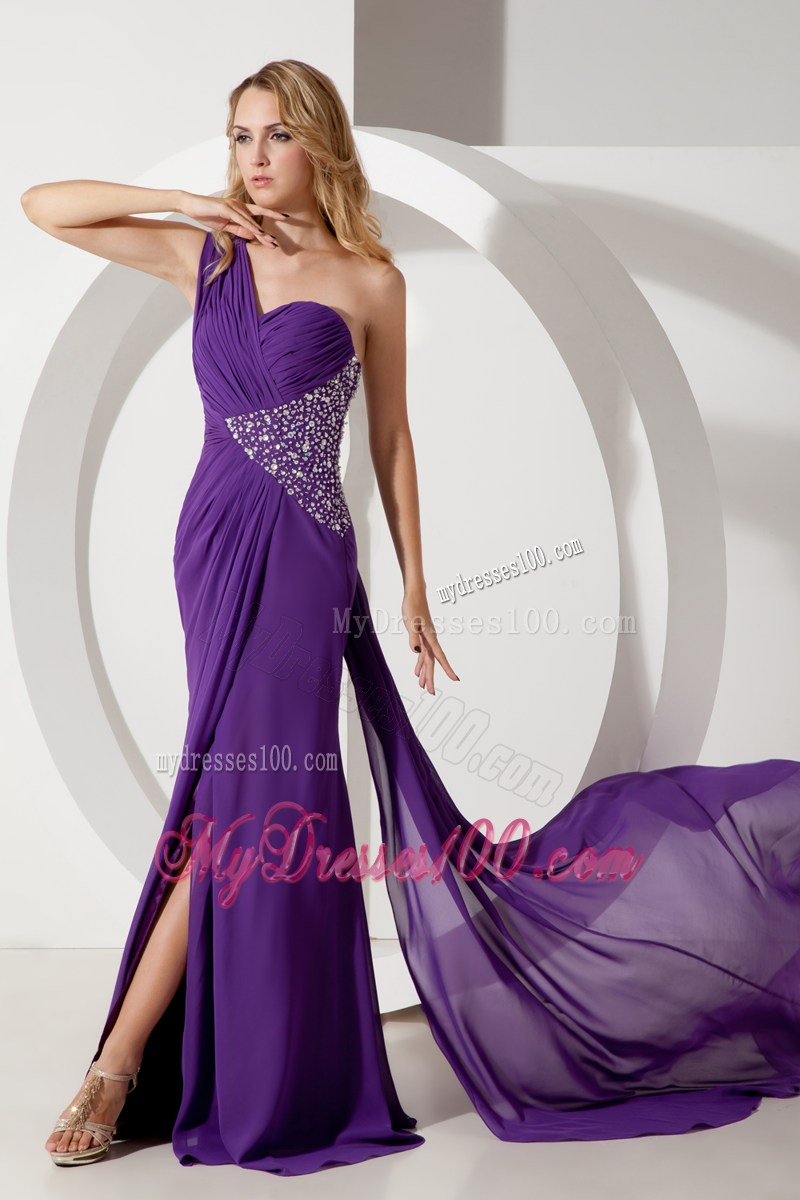 One Shoulder Purple Column Watteau Train Beading Prom Dress