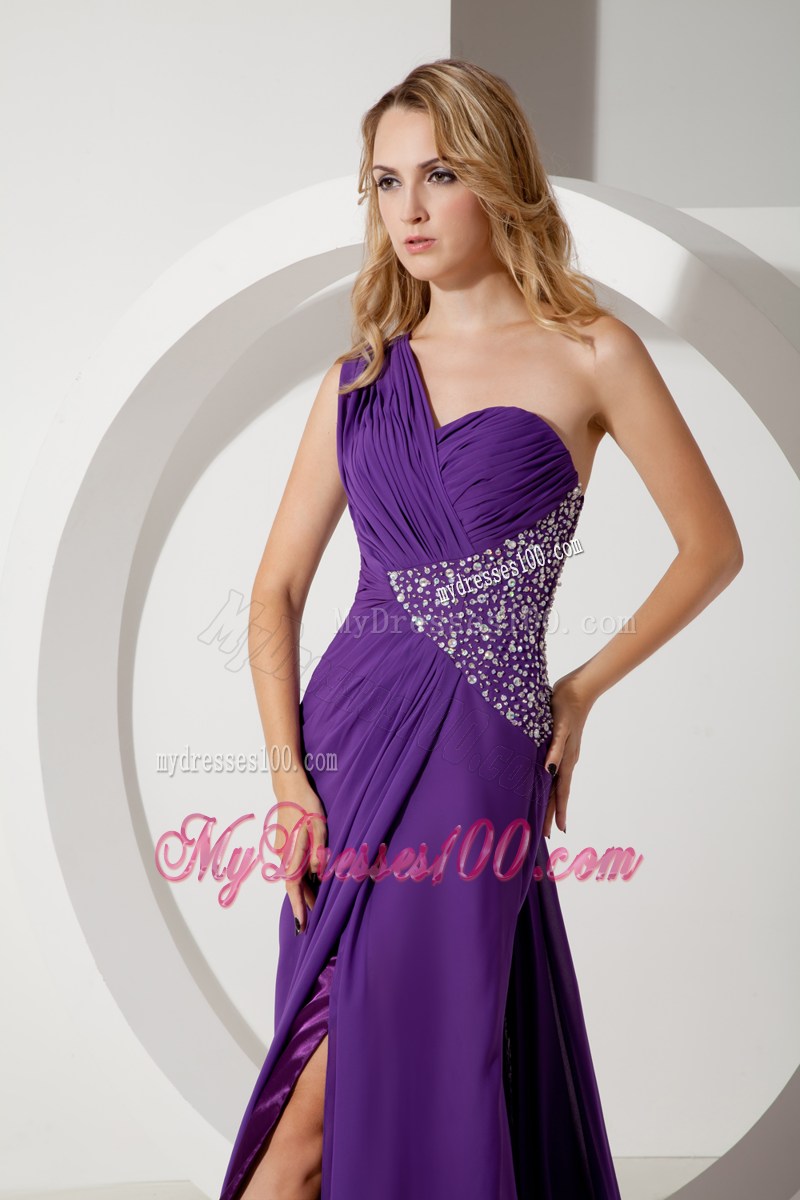 One Shoulder Purple Column Watteau Train Beading Prom Dress