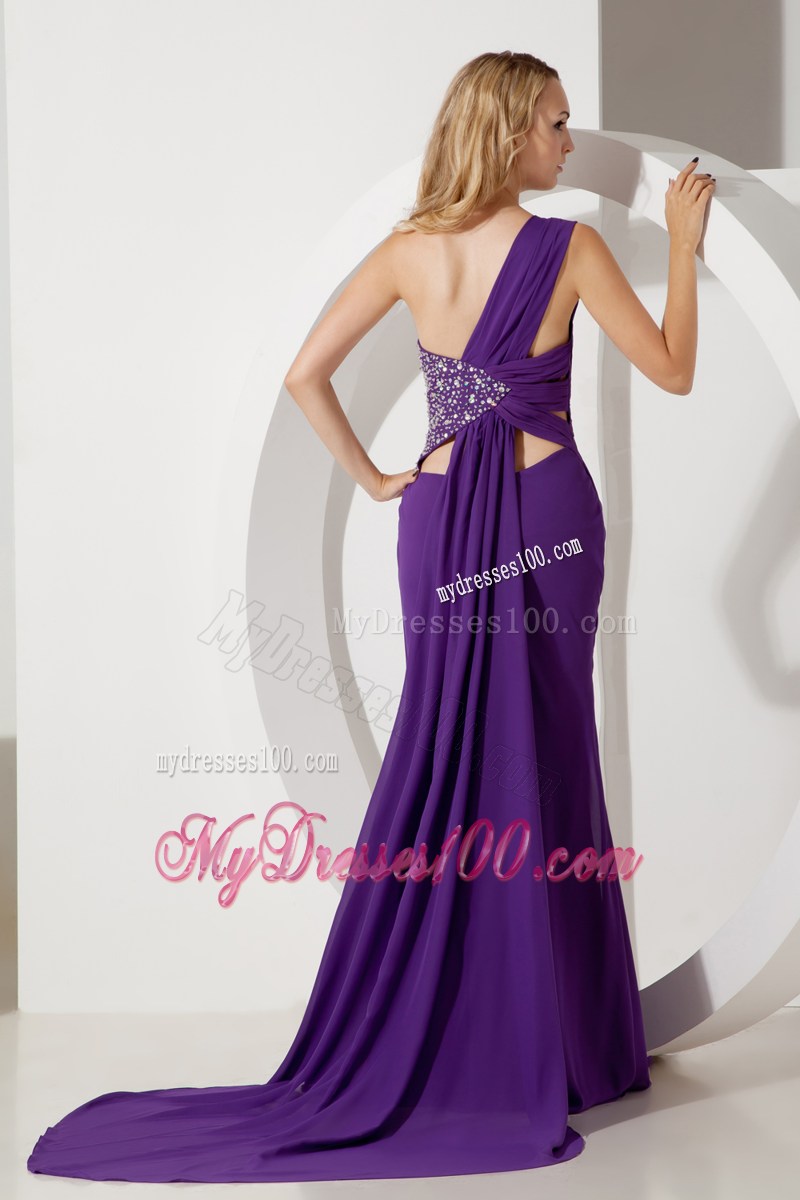 One Shoulder Purple Column Watteau Train Beading Prom Dress