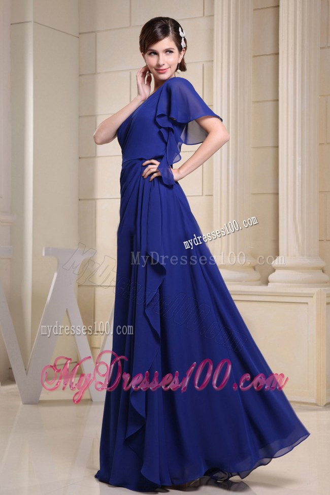 One Shoulder Blue For Prom Dress With Short Sleeve