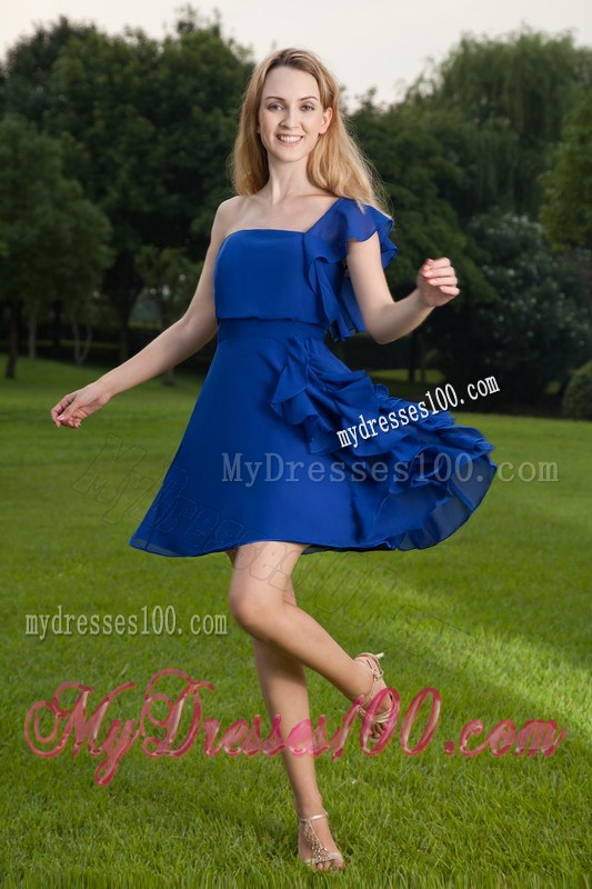 One Shoulder Blue Mini-length Prom Party Dress with Cap Sleeve