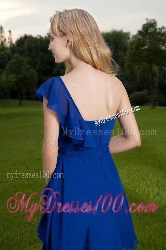 One Shoulder Blue Mini-length Prom Party Dress with Cap Sleeve
