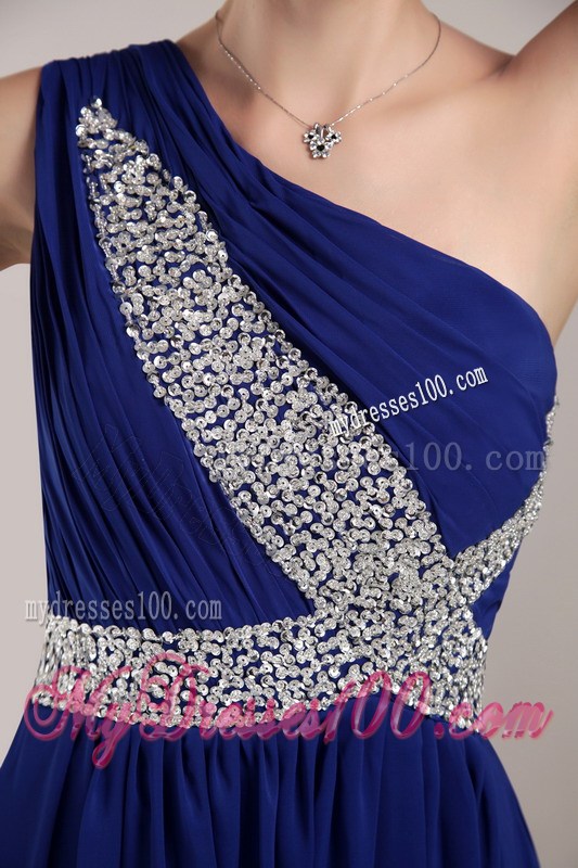 Blue Empire Floor-length Sequins Prom Dress with One Shoulder