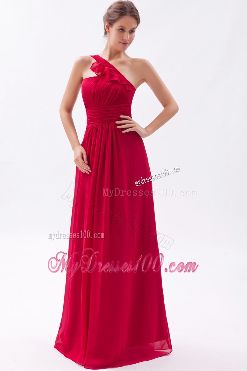 One Shoulder Wine Red Empire Ruching Prom Dress for Cheap