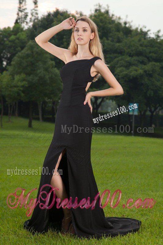 Black Column One Shoulder High Silt Prom Celebrity Dress