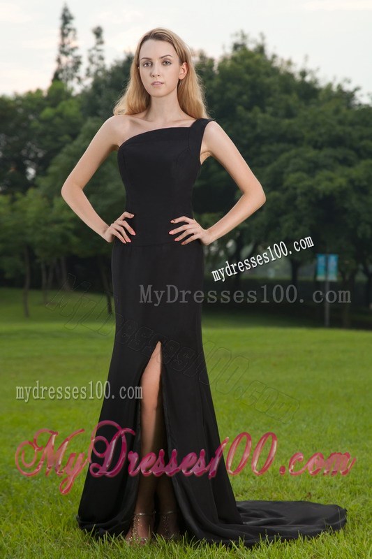 Black Column One Shoulder High Silt Prom Celebrity Dress