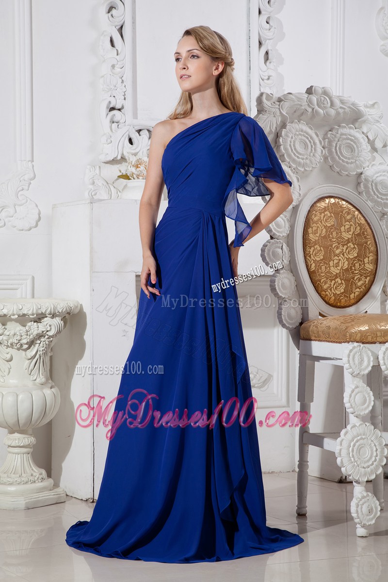 One Shoulder Royal Blue Brush Train Prom Dress with Short Sleeve