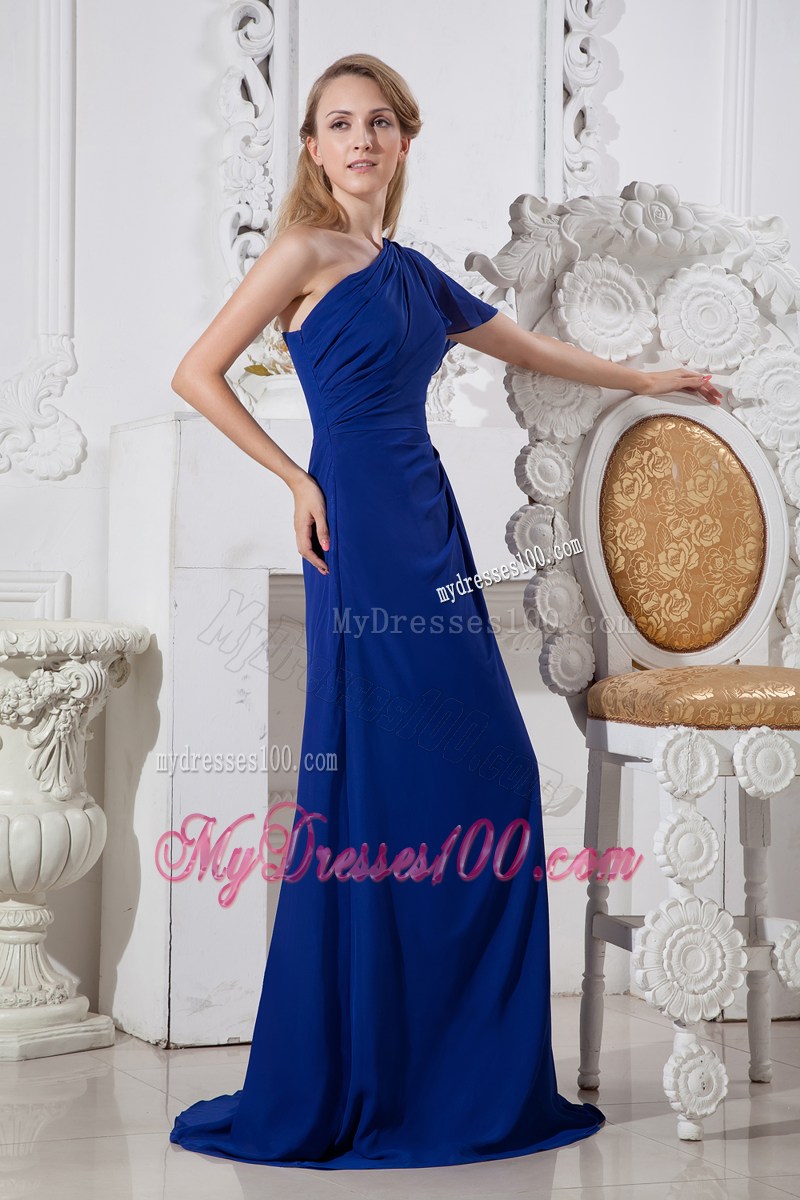 One Shoulder Royal Blue Brush Train Prom Dress with Short Sleeve
