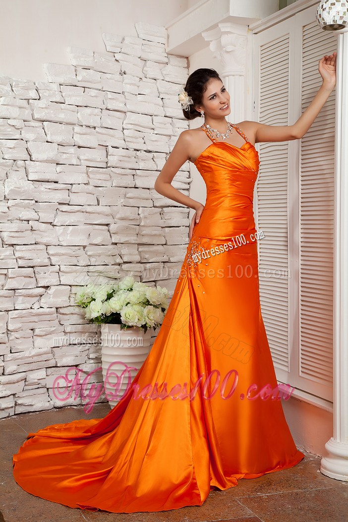 Orange Red Gorgeous Straps Beaded Decorate Criss Cross Prom Dress