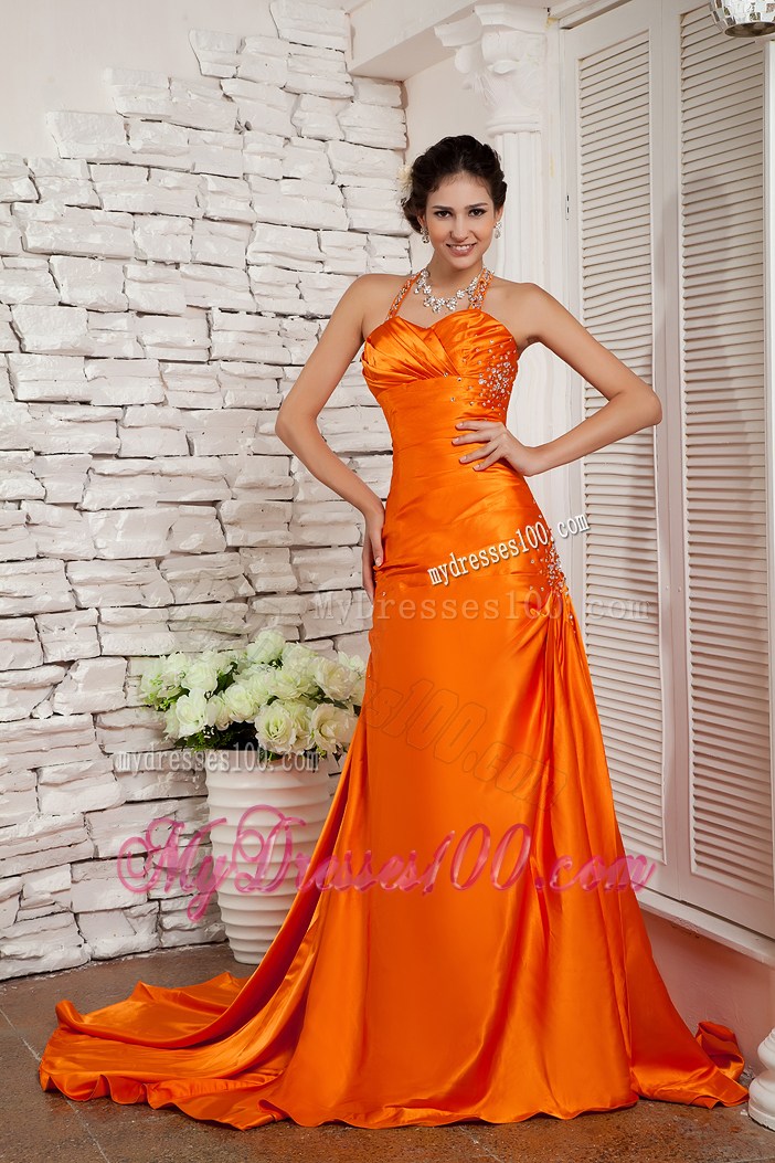 Orange Red Gorgeous Straps Beaded Decorate Criss Cross Prom Dress