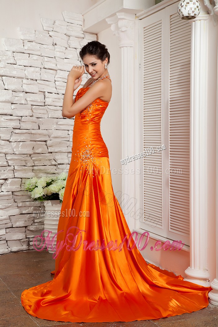 Orange Red Gorgeous Straps Beaded Decorate Criss Cross Prom Dress