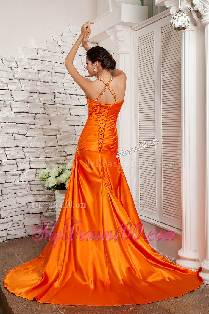Orange Red Gorgeous Straps Beaded Decorate Criss Cross Prom Dress