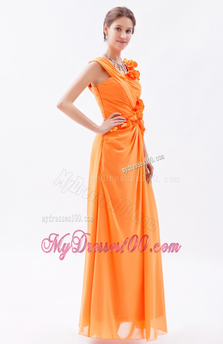Asymmetrical Orange Column Hand Made Flowers Prom Dress