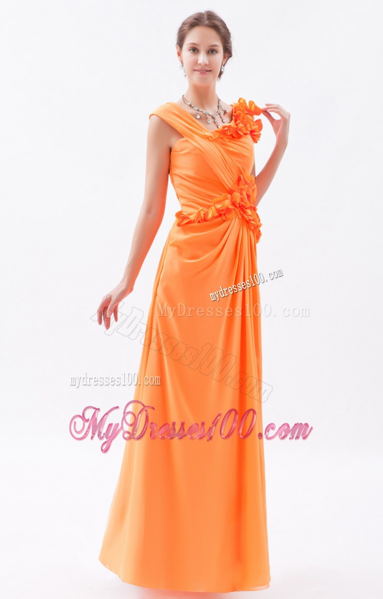 Asymmetrical Orange Column Hand Made Flowers Prom Dress