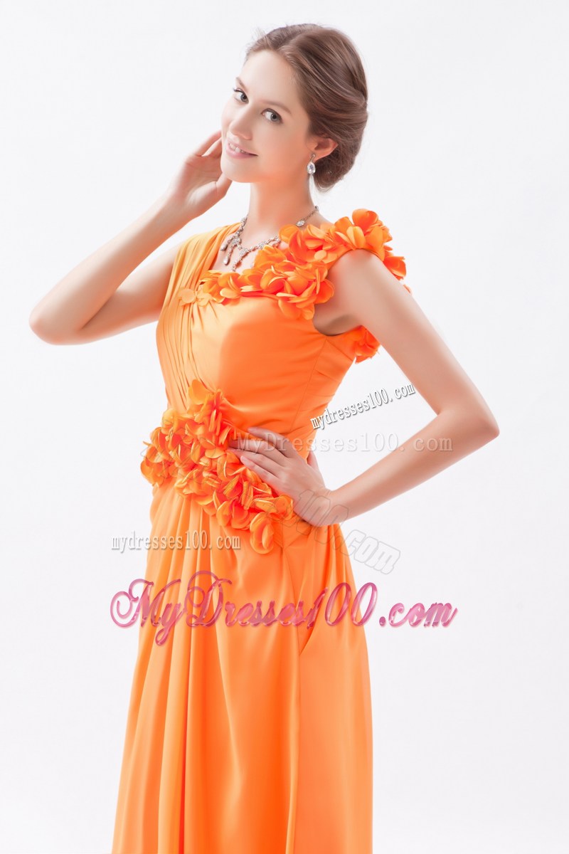 Asymmetrical Orange Column Hand Made Flowers Prom Dress