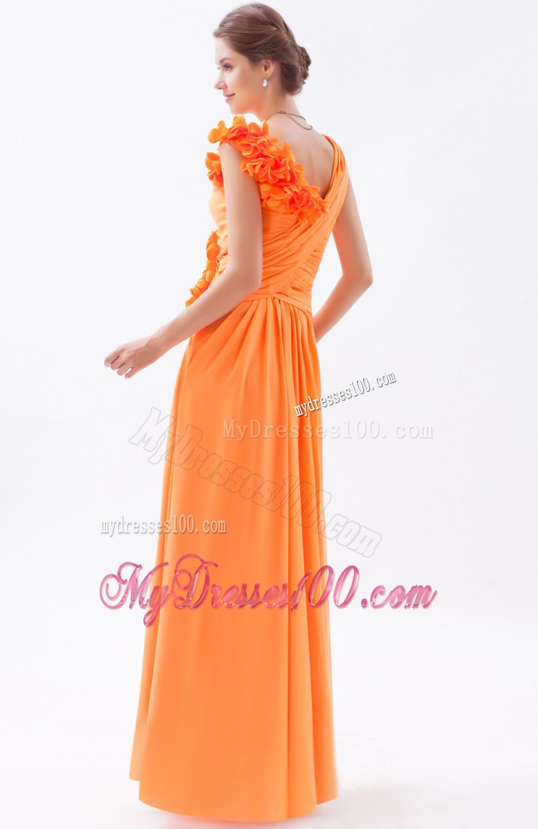 Asymmetrical Orange Column Hand Made Flowers Prom Dress