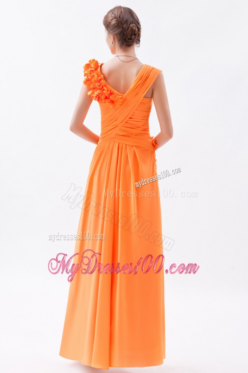 Asymmetrical Orange Column Hand Made Flowers Prom Dress