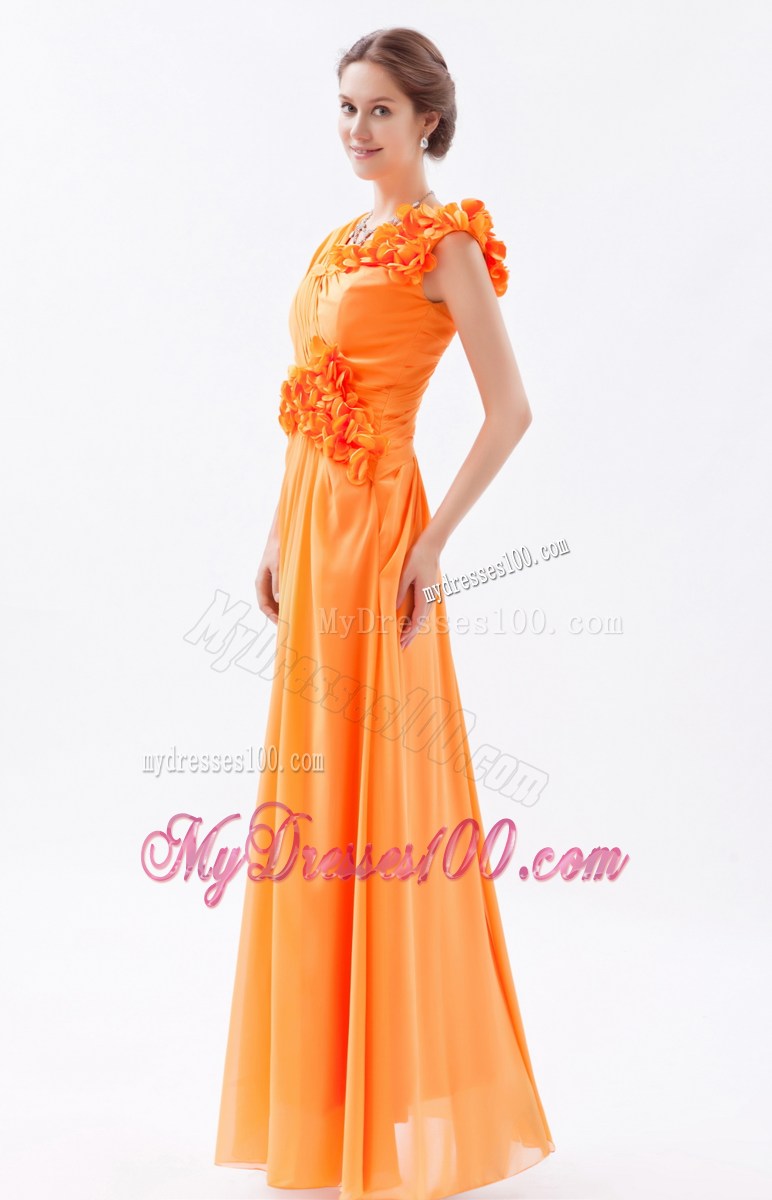 Asymmetrical Orange Column Hand Made Flowers Prom Dress