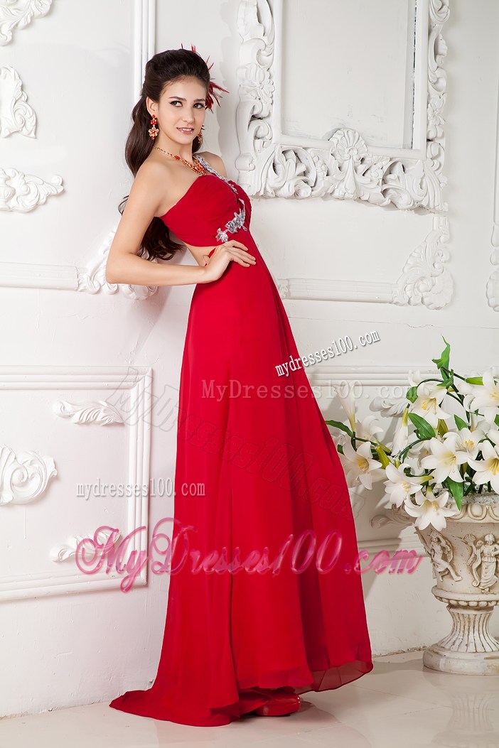 Red Empire Appliques One Shoulder Prom Evening Dress for Customize