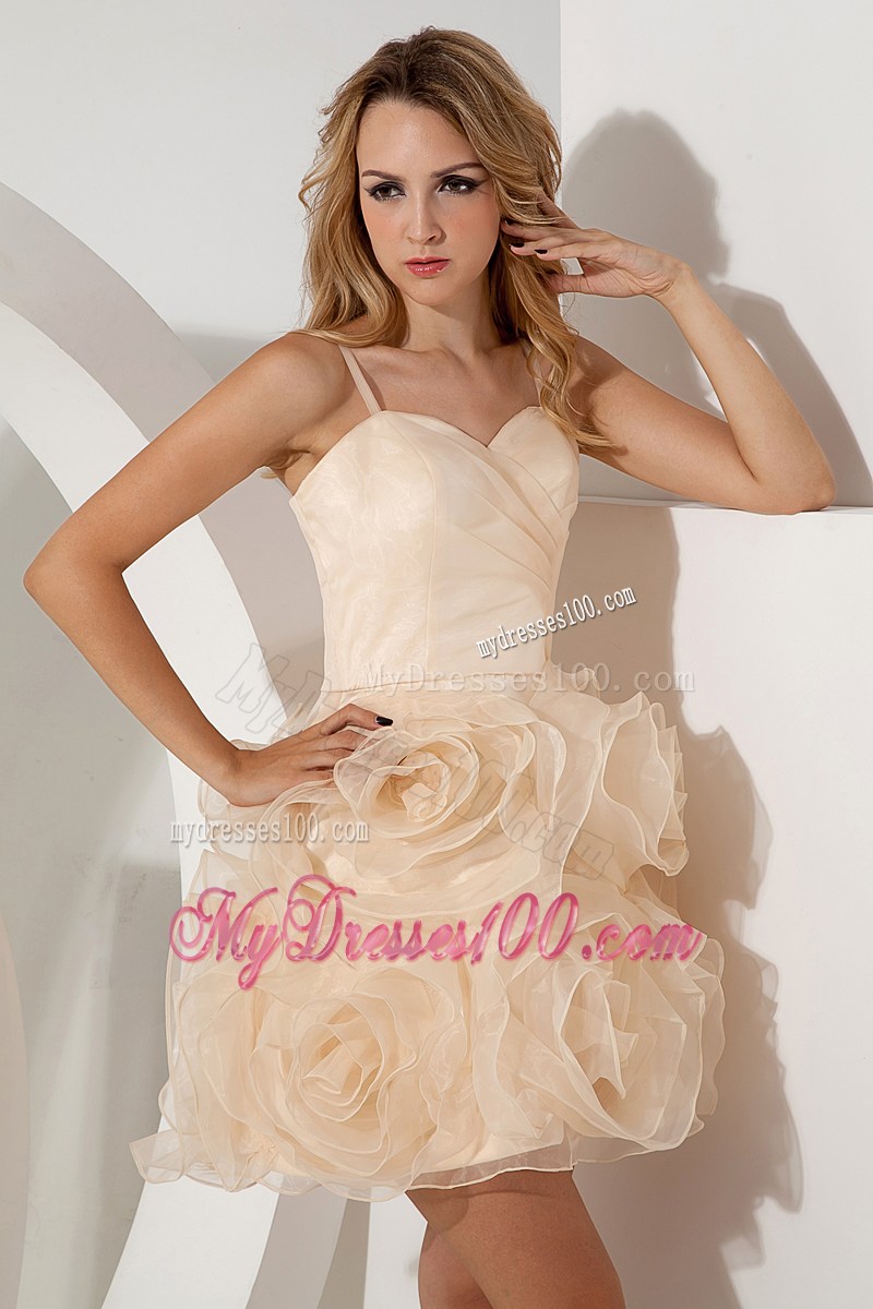 Champagne Straps Rolling Flowers Short Prom Cocktail Dress