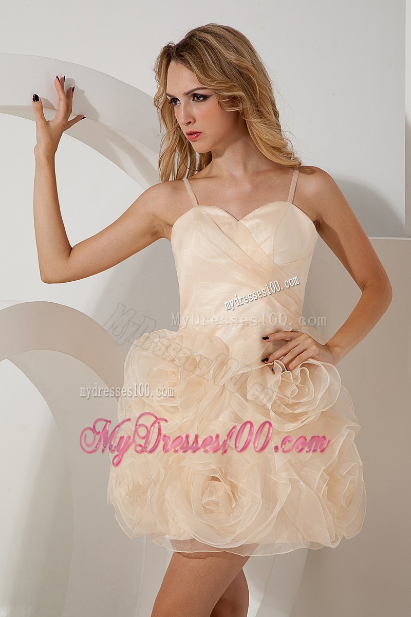 Champagne Straps Rolling Flowers Short Prom Cocktail Dress