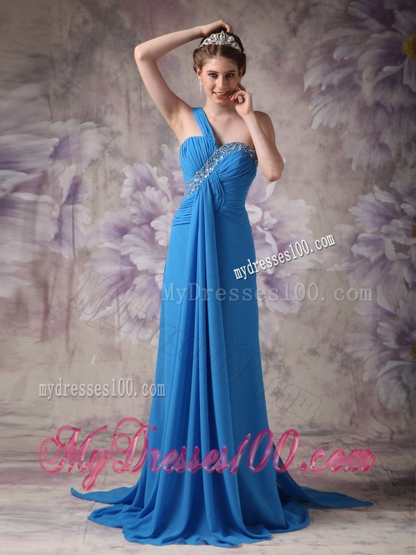 Blue Empire One Shoulder Beading Prom Dress with Watteau Train
