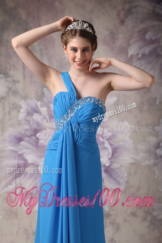 Blue Empire One Shoulder Beading Prom Dress with Watteau Train
