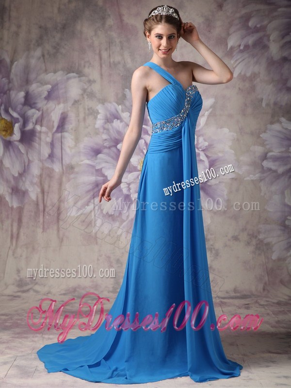 Blue Empire One Shoulder Beading Prom Dress with Watteau Train