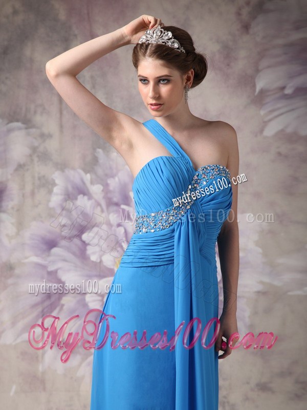 Blue Empire One Shoulder Beading Prom Dress with Watteau Train
