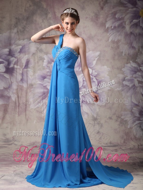 Blue Empire One Shoulder Beading Prom Dress with Watteau Train